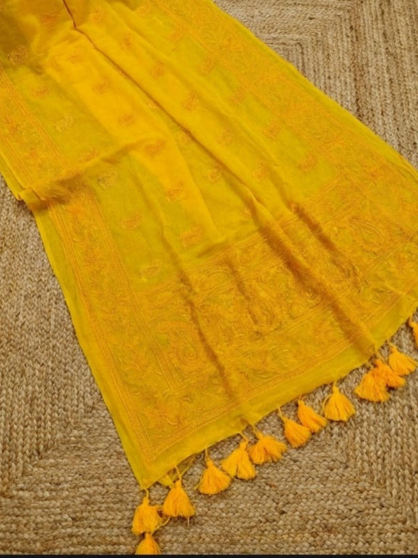 Indiehaat | Pure Mul Cotton Chikankari Saree Yellow
