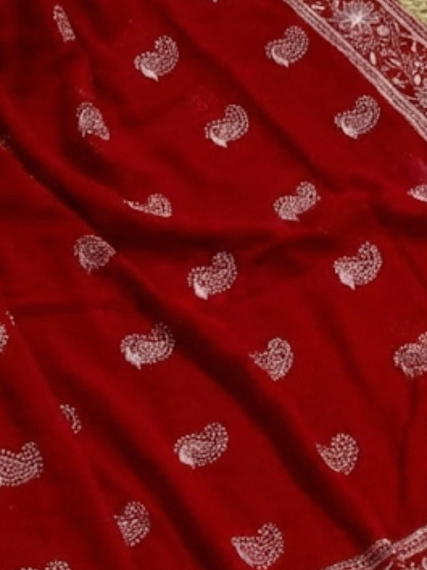 Indiehaat | Pure Mul Cotton Chikankari Saree Red