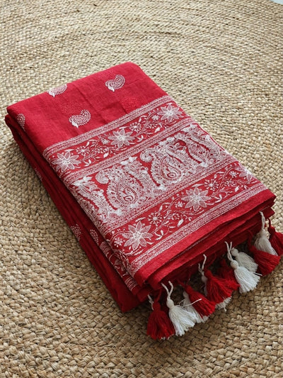 Indiehaat | Pure Mul Cotton Chikankari Saree Red