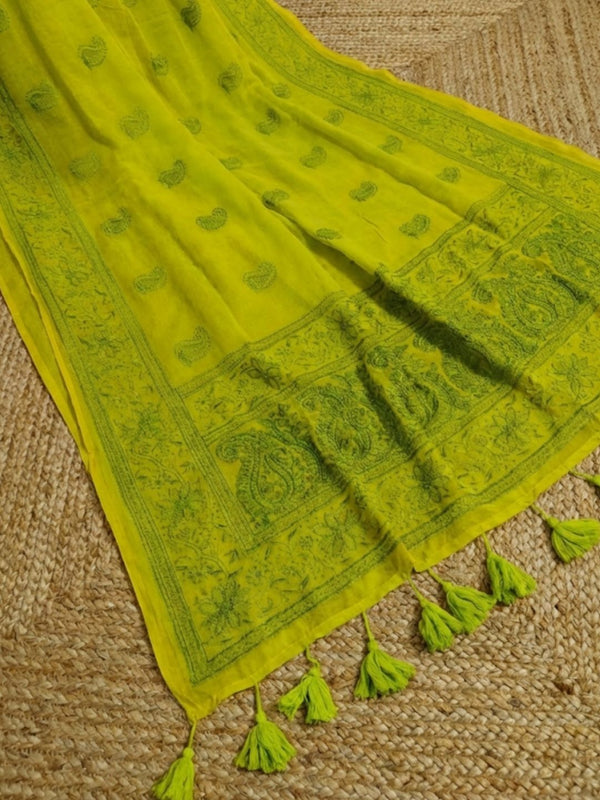 Indiehaat | Pure Mul Cotton Chikankari Saree Green