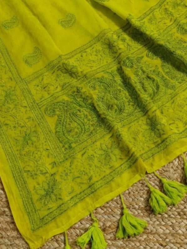 Indiehaat | Pure Mul Cotton Chikankari Saree Green