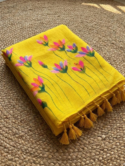 Indiehaat | Pure Mul Cotton Hand Printed Saree Yellow