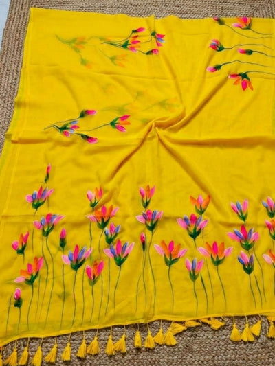 Indiehaat | Pure Mul Cotton Hand Printed Saree Yellow