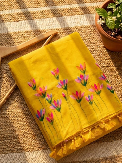 Indiehaat | Pure Mul Cotton Hand Printed Saree Yellow