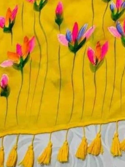 Indiehaat | Pure Mul Cotton Hand Printed Saree Yellow