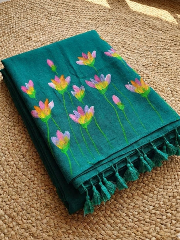 Indiehaat | Pure Mul Cotton Hand Printed Saree Blue