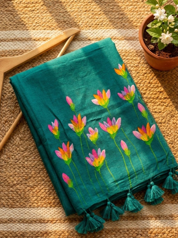 Indiehaat | Pure Mul Cotton Hand Printed Saree Blue
