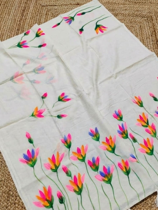 Indiehaat | Pure Mul Cotton Hand Printed Saree White