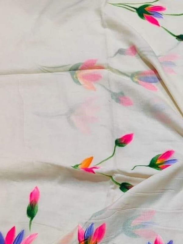 Indiehaat | Pure Mul Cotton Hand Printed Saree White