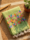Indiehaat | Pure Mul Cotton Hand Printed Saree Green