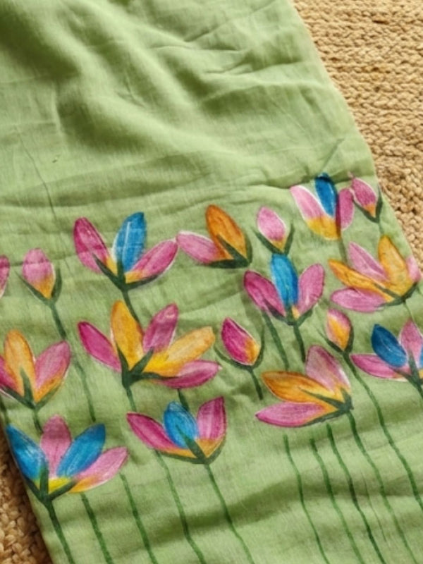 Indiehaat | Pure Mul Cotton Hand Printed Saree Green