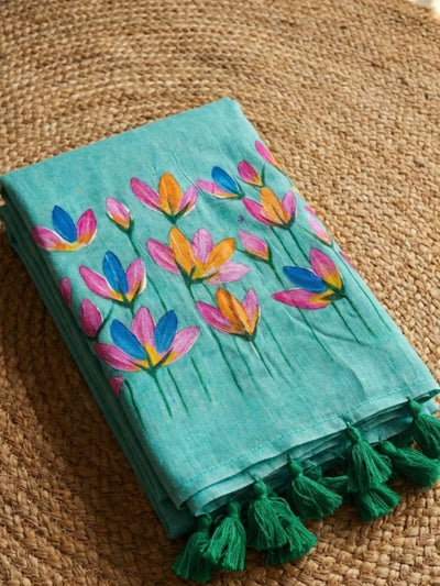 Indiehaat | Pure Mul Cotton Hand Printed Saree Blue
