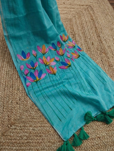 Indiehaat | Pure Mul Cotton Hand Printed Saree Blue