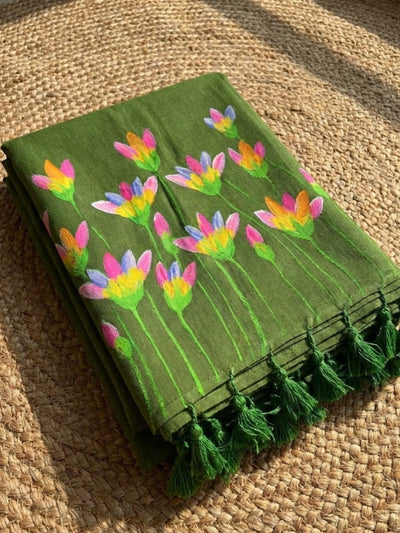 Indiehaat | Pure Mul Cotton Hand Printed Saree Green
