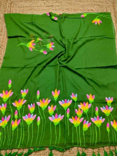 Indiehaat | Pure Mul Cotton Hand Printed Saree Green