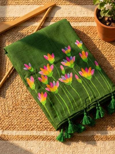 Indiehaat | Pure Mul Cotton Hand Printed Saree Green
