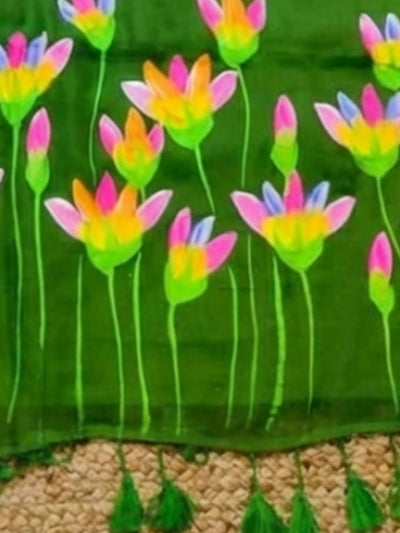 Indiehaat | Pure Mul Cotton Hand Printed Saree Green