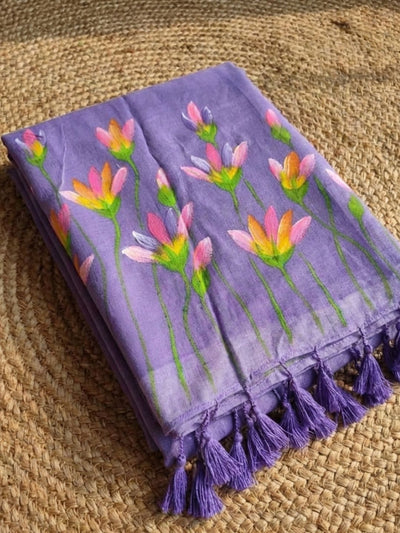Indiehaat | Pure Mul Cotton Hand Printed Saree Purple