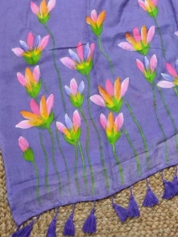 Indiehaat | Pure Mul Cotton Hand Printed Saree Purple