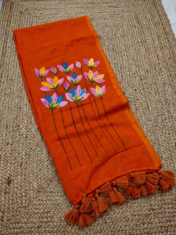 Indiehaat | Pure Mul Cotton Hand Printed Saree Orange