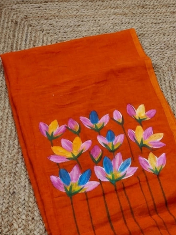 Indiehaat | Pure Mul Cotton Hand Printed Saree Orange