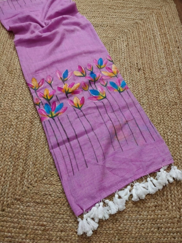 Indiehaat | Pure Mul Cotton Hand Printed Saree Purple