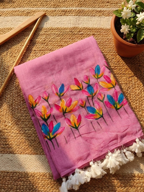 Indiehaat | Pure Mul Cotton Hand Printed Saree Purple
