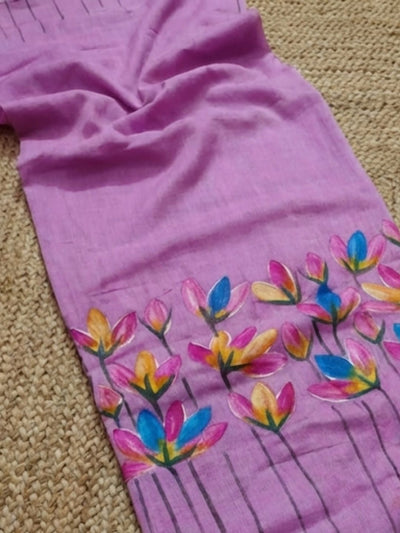 Indiehaat | Pure Mul Cotton Hand Printed Saree Purple