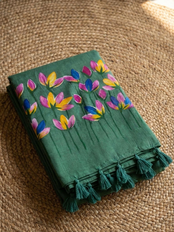 Indiehaat | Pure Mul Cotton Hand Printed Saree Green