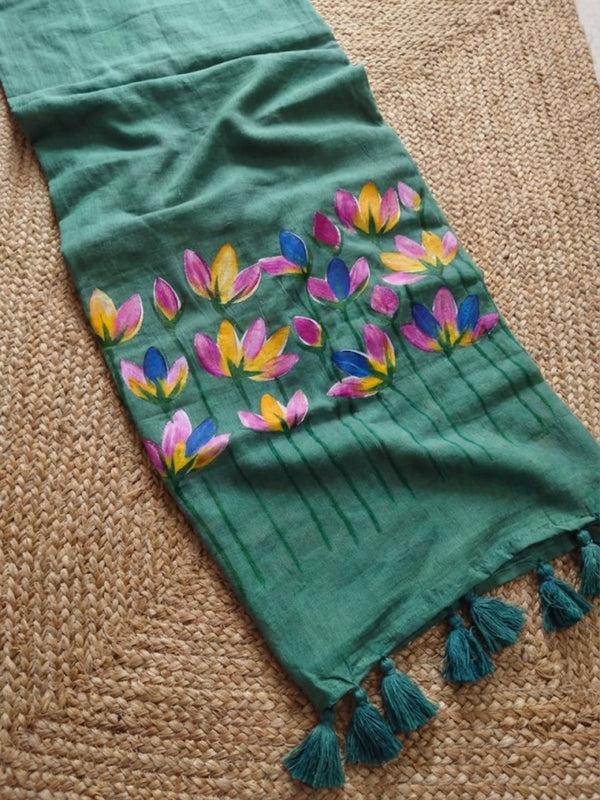 Indiehaat | Pure Mul Cotton Hand Printed Saree Green