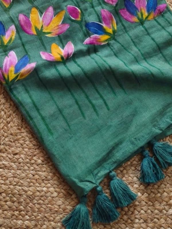 Indiehaat | Pure Mul Cotton Hand Printed Saree Green
