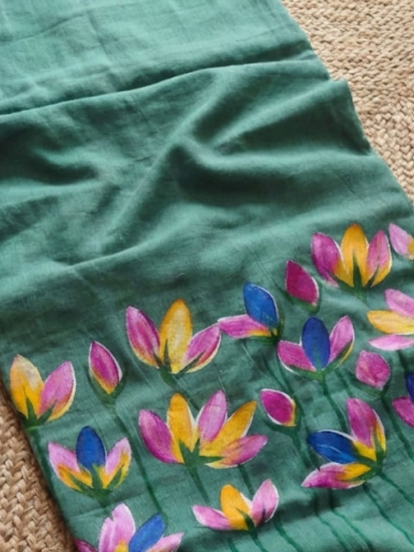 Indiehaat | Pure Mul Cotton Hand Printed Saree Green
