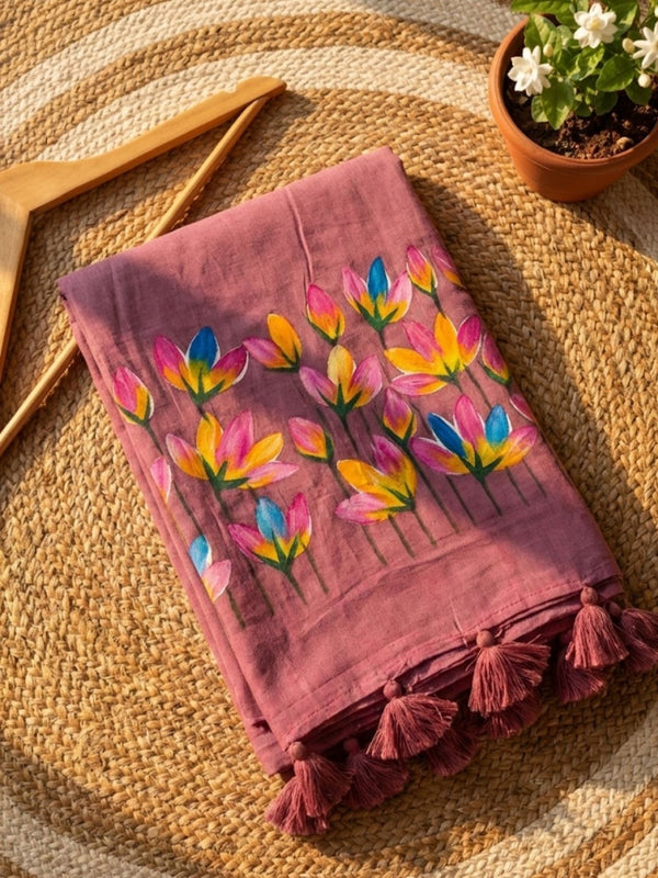 Indiehaat | Pure Mul Cotton Hand Printed Saree Purple