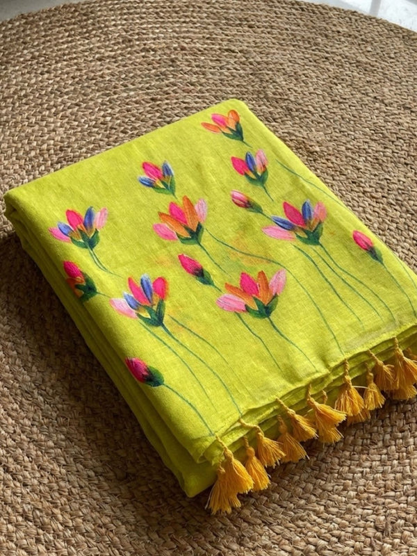 Indiehaat | Pure Mul Cotton Hand Printed Saree Green