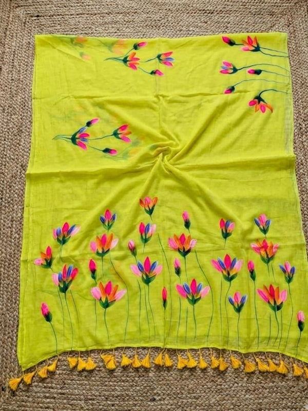 Indiehaat | Pure Mul Cotton Hand Printed Saree Green