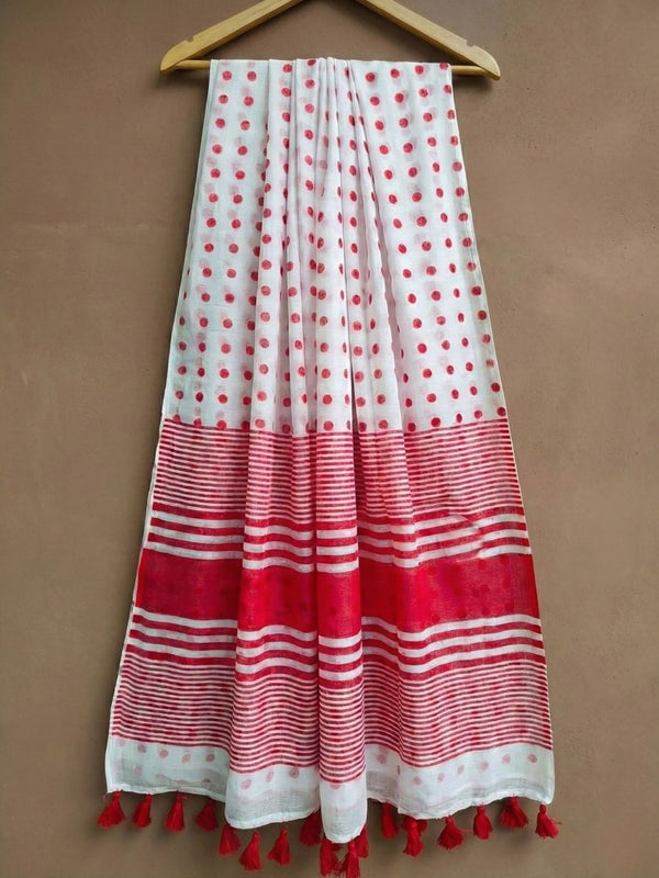 Indiehaat | Pure Mul Cotton Handloom Saree White & Red