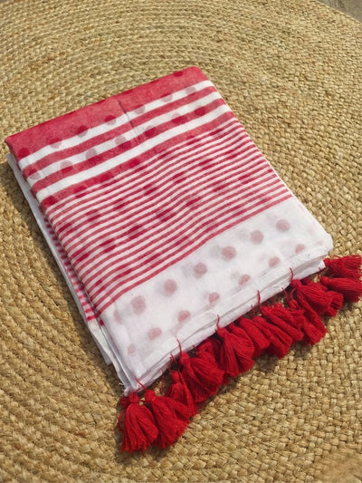 Indiehaat | Pure Mul Cotton Handloom Saree White & Red