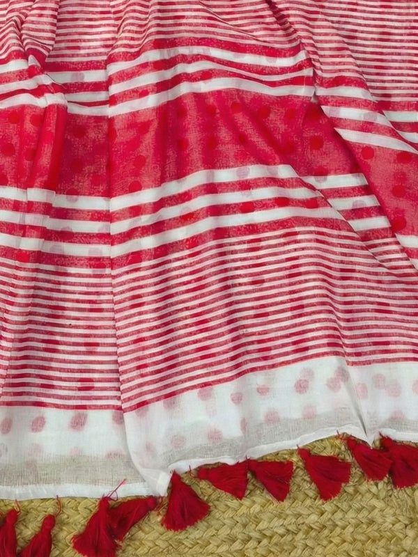 Indiehaat | Pure Mul Cotton Handloom Saree White & Red