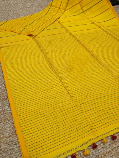 Indiehaat | Pure Cotton Embroidery Saree Yellow