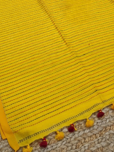 Indiehaat | Pure Cotton Embroidery Saree Yellow