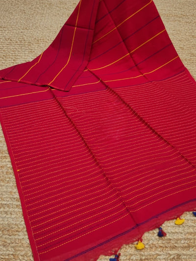 Indiehaat | Pure Cotton Embroidery Saree Red
