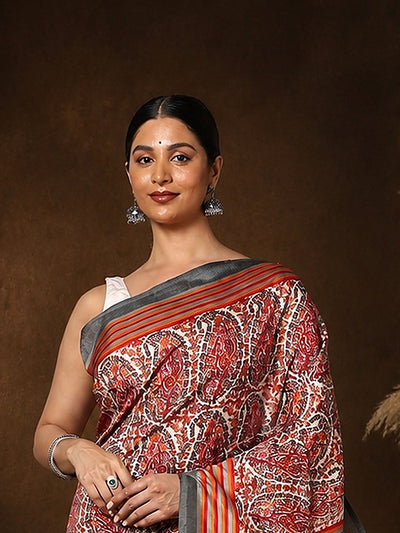 Indiehaat | Kashmiri Silk Printed Saree Red & White