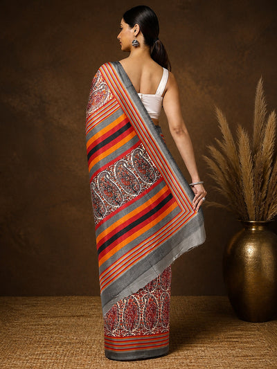 Indiehaat | Kashmiri Silk Printed Saree Red & White