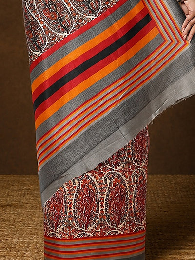 Indiehaat | Kashmiri Silk Printed Saree Red & White