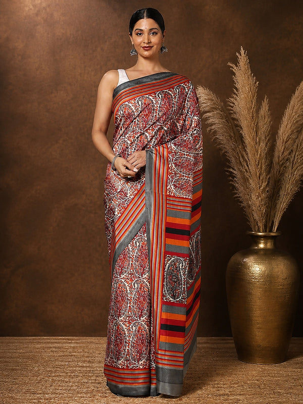 Indiehaat | Kashmiri Silk Printed Saree Red & White