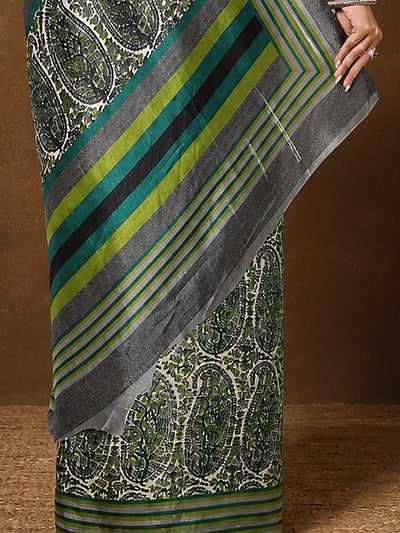 Indiehaat | Kashmiri Silk Printed Saree White & Green
