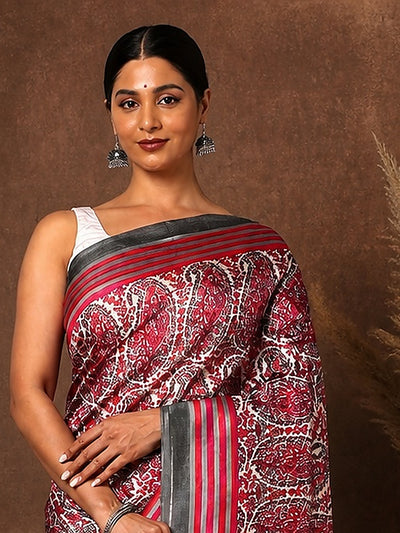 Indiehaat | Kashmiri Silk Printed Saree Red & White