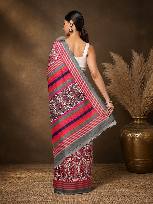 Indiehaat | Kashmiri Silk Printed Saree Red & White