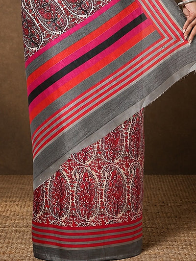 Indiehaat | Kashmiri Silk Printed Saree Red & White