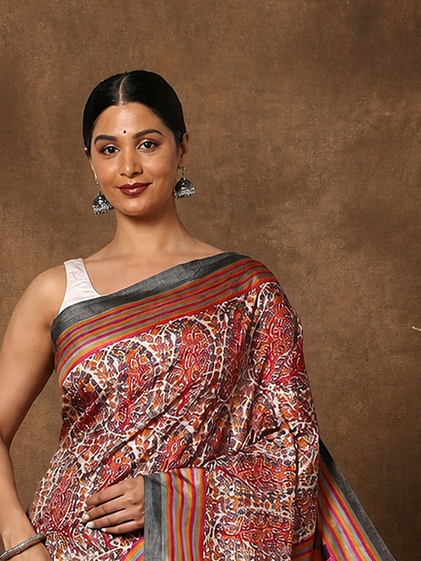 Indiehaat | Kashmiri Silk Printed Saree Red & Brown